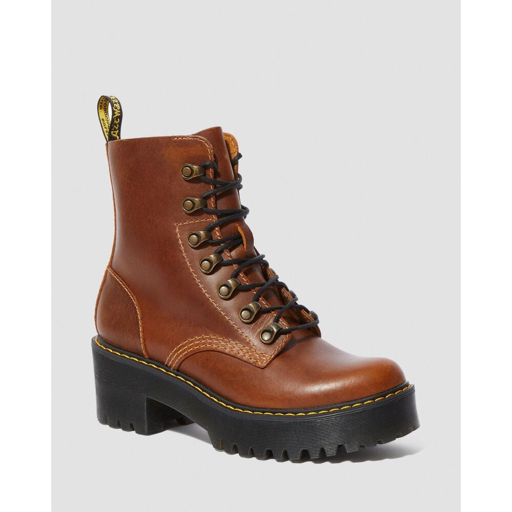 Dr. Martens Leona Butterscotch Brown Women’s New Orleans Leather Heeled Boots 8